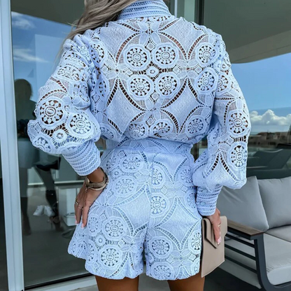 Combinaison Femme - Dentelle Florale Élégante - Manches Longues - Taille Cintrée