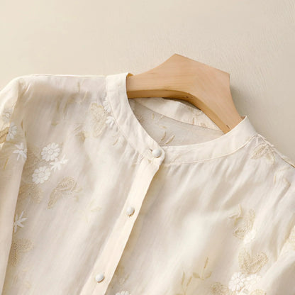 Blouse Femme – Coupe Décontractée – Fibres Naturelles – Broderie Florale – Manches 3/4