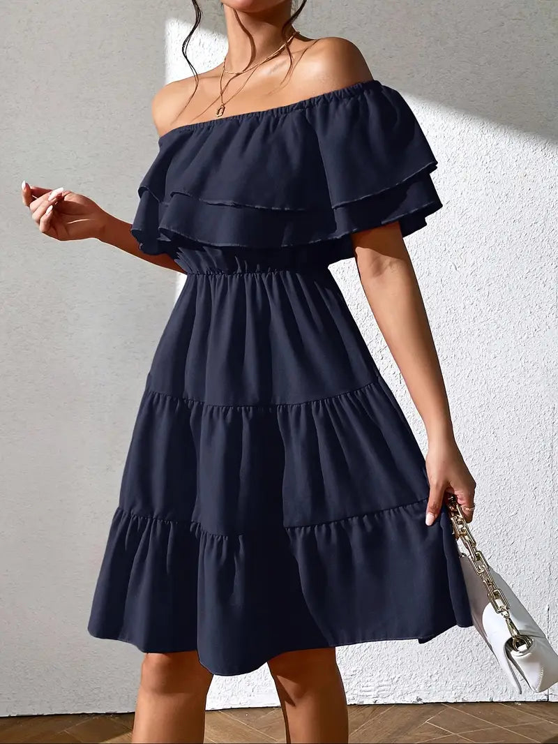 Robe Femme Épaules Dénudées - Volants Élégants - Taille Élastique - Coupe Évasée