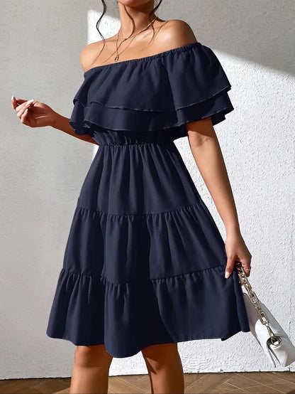 Robe Femme Épaules Dénudées - Volants Élégants - Taille Élastique - Coupe Évasée