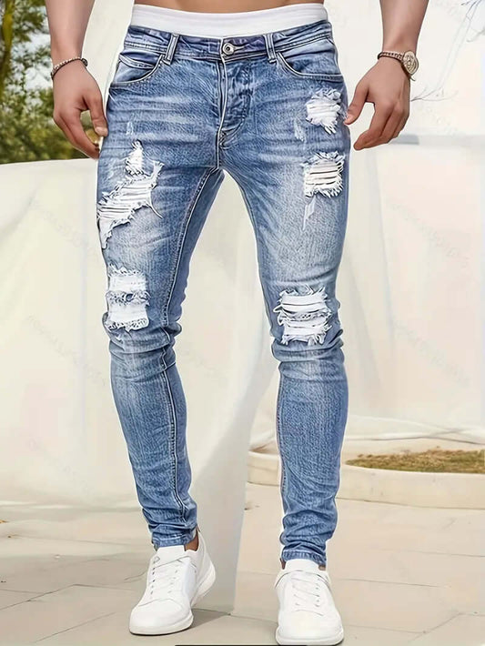 Jean skinny homme – Coupe fuselée – Détails déchirés – Style décontracté en denim