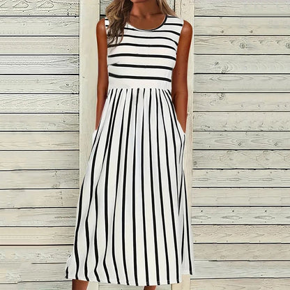 Robe midi débardeur femme – Coupe décontractée – Fibres naturelles respirantes – Rayures élégantes