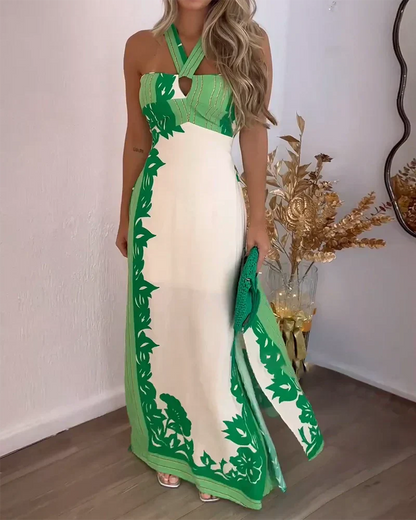 Robe Longue Femme – Décolleté Halter Croisé – Fente Latérale – Imprimé Feuillage