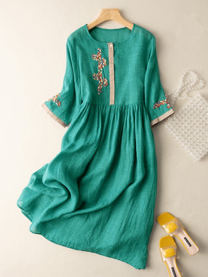 Robe femme midi – Coupe ample – Manches 3/4 – Fibre naturelle – Détails brodés