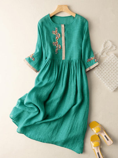 Robe femme midi – Coupe ample – Manches 3/4 – Fibre naturelle – Détails brodés