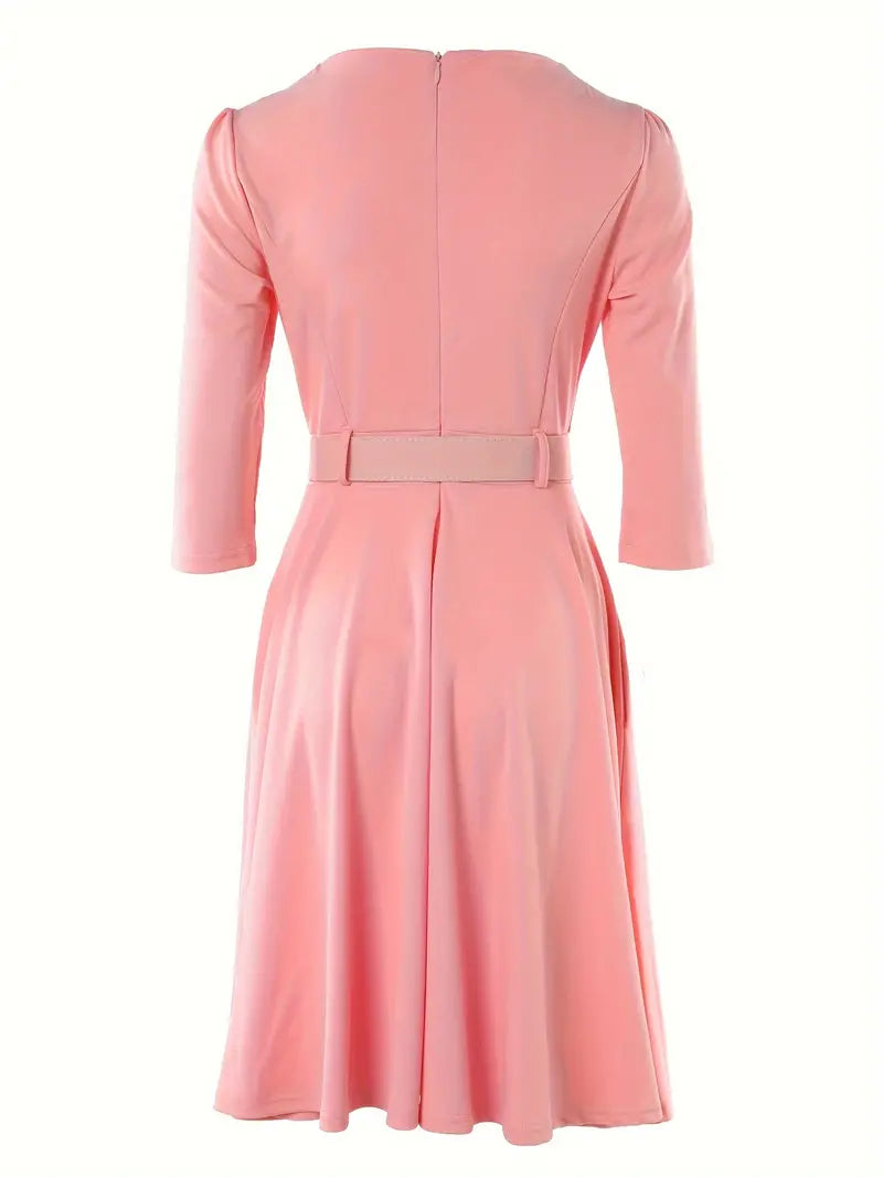 Robe Femme A-Ligne - Longueur Genou - Manches 3/4 - Col Rond avec Zip - Ceinture Ajustable