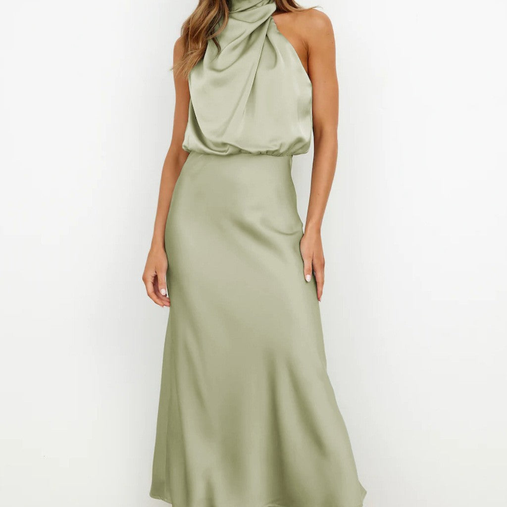 Robe de Soirée Femme – Satin Élégant – Asymétrique Sans Manches – Coupe Midi Ajustée