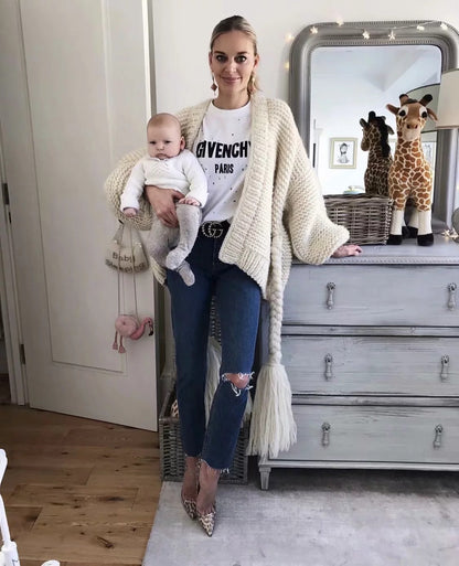 Cardigan femme en maille – Coupe oversize – Ceinture tressée – Manches longues