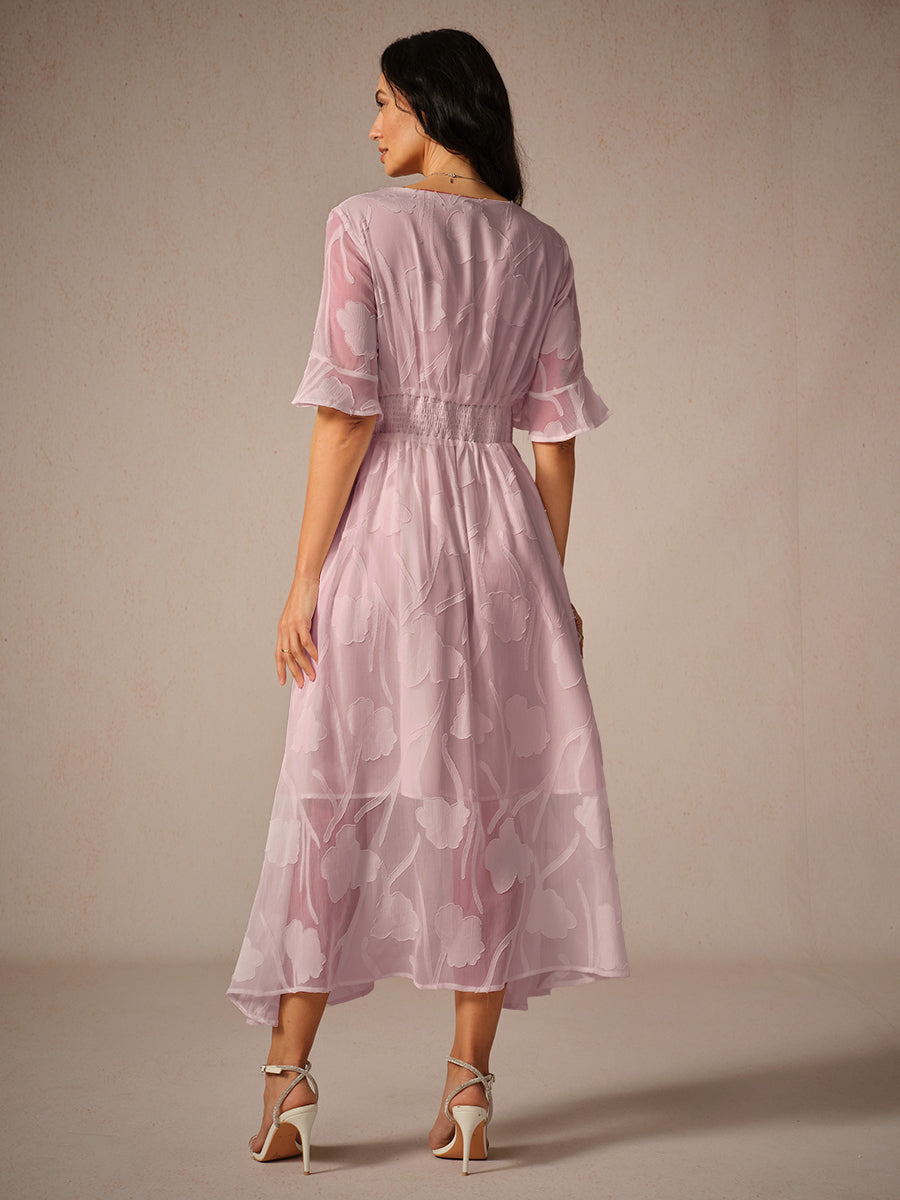 Robe longue femme – Dentelle florale – Manches volantées – Coupe évasée élégante
