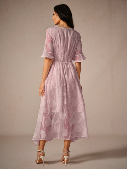 Robe longue femme – Dentelle florale – Manches volantées – Coupe évasée élégante