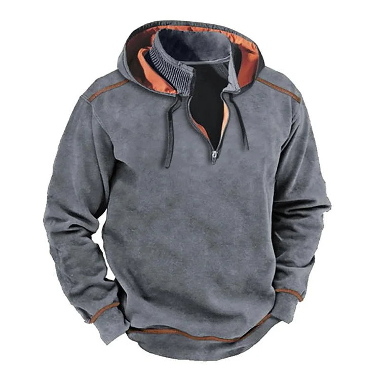 Homme Sweat À Capuche - Maille Coton - Coupe Décontractée - Col Montant - Fermeture Mi-Zip