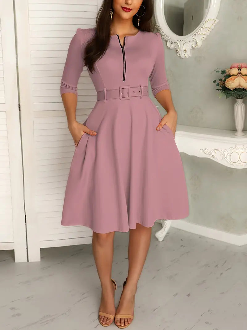 Robe Femme A-Ligne - Longueur Genou - Manches 3/4 - Col Rond avec Zip - Ceinture Ajustable
