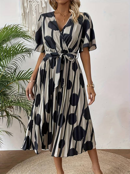 Robe Midi Femme - Cache-Cœur Élégant - Manches Courtes - Taille Ceinturée - Motif Moderne