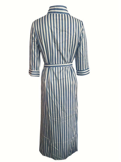 Robe Maxi Femme - Boutonnée - Manches 3/4 - Ceinturée - Motif Rayé - Col Chemise