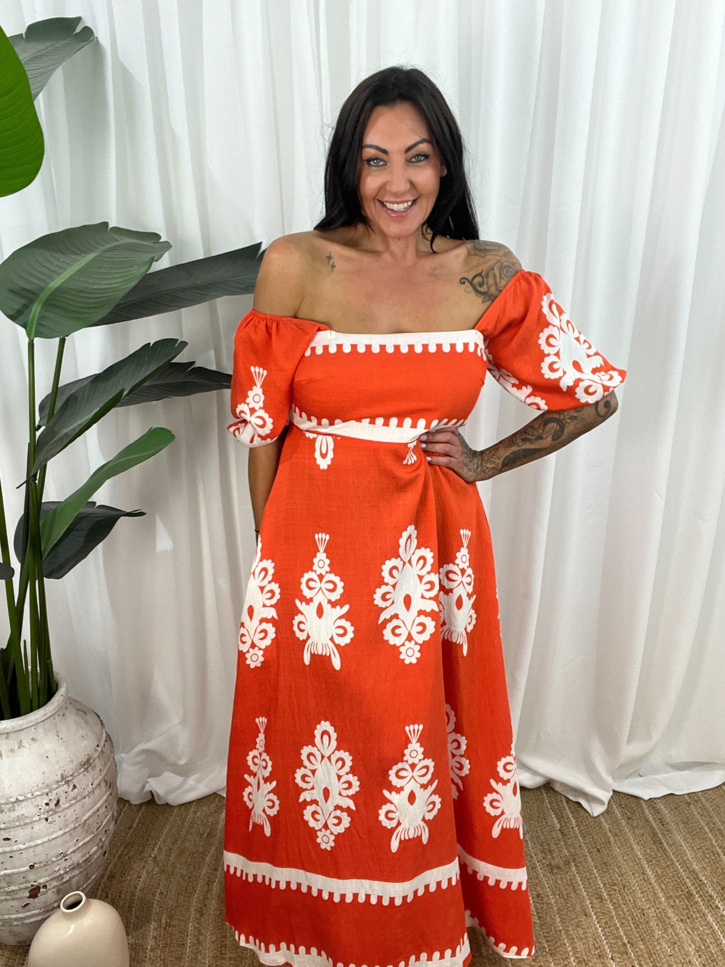 Robe Longue Femme - Épaules Dénudées - Manches Courtes Bouffantes - Fluide et Élégante