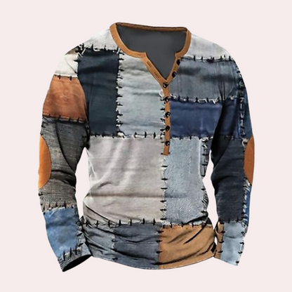 Pull homme – Coupe régulière – Coton – Col boutonné – Patchwork – Coudières