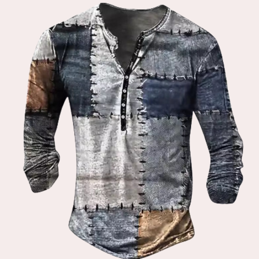 Pull homme – Coupe régulière – Coton – Col boutonné – Patchwork – Coudières
