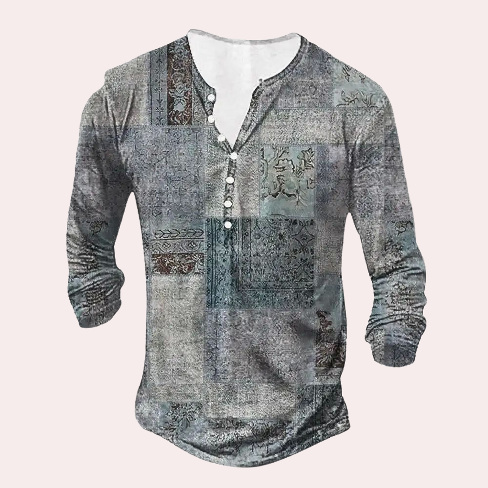 Pull homme – Coupe régulière – Coton – Col boutonné – Patchwork – Coudières
