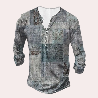 Pull homme – Coupe régulière – Coton – Col boutonné – Patchwork – Coudières