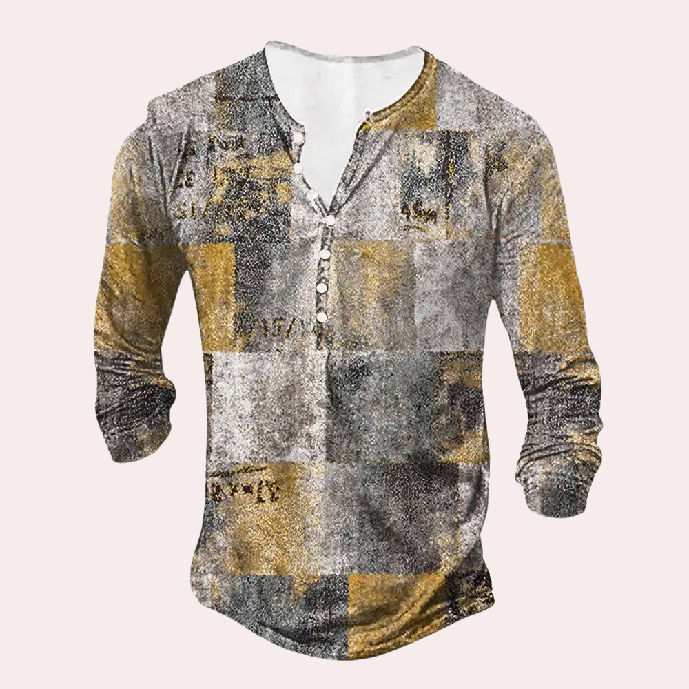 Pull homme – Coupe régulière – Coton – Col boutonné – Patchwork – Coudières