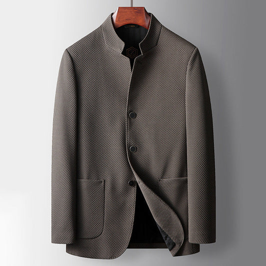 Veste homme – Coupe ajustée – Tissu chaud structuré – Col mao – Fermeture boutonnée