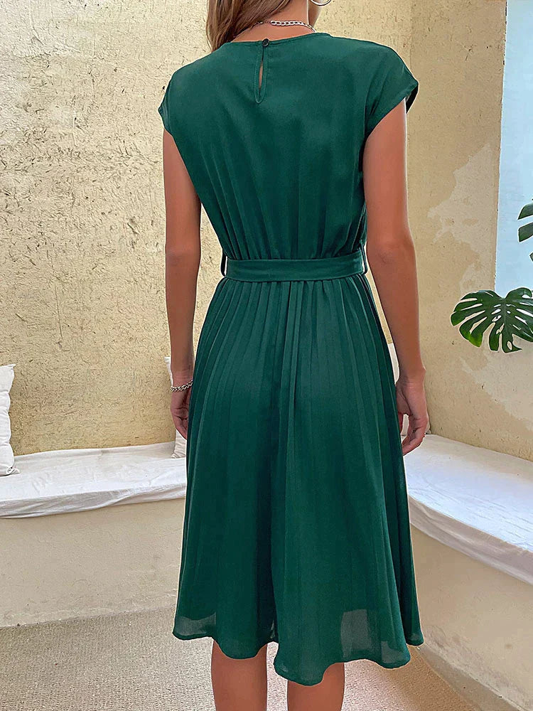 Robe Midi Femme - Coupe Évasée - Manches Courtes - Ceinture Taille - Jupe Plissée