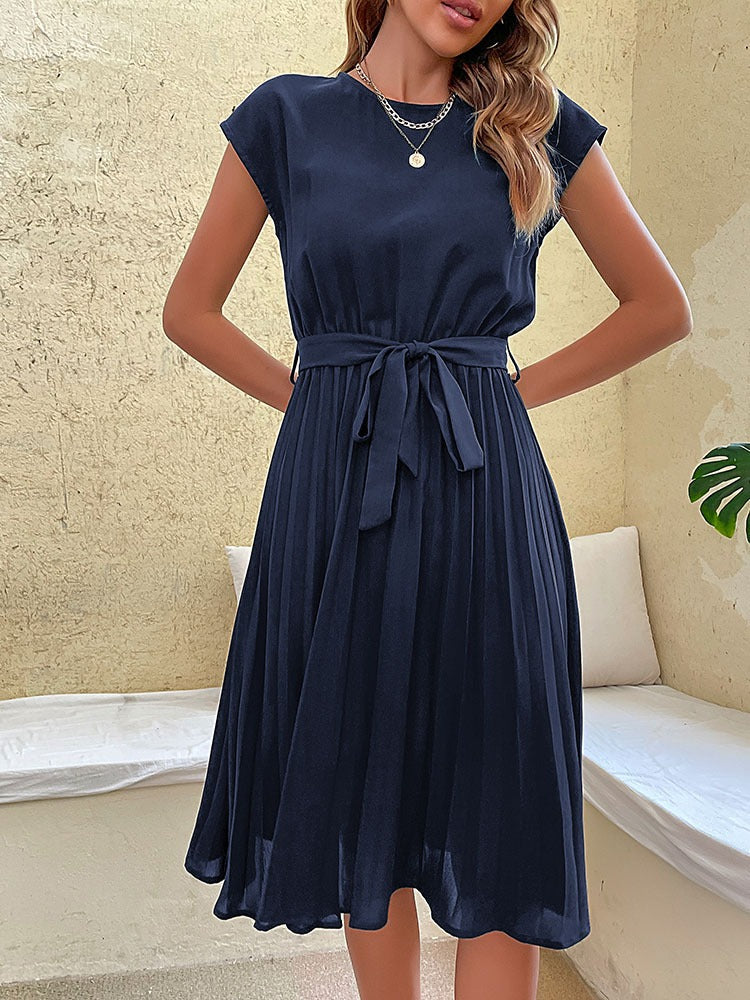 Robe Midi Femme - Coupe Évasée - Manches Courtes - Ceinture Taille - Jupe Plissée