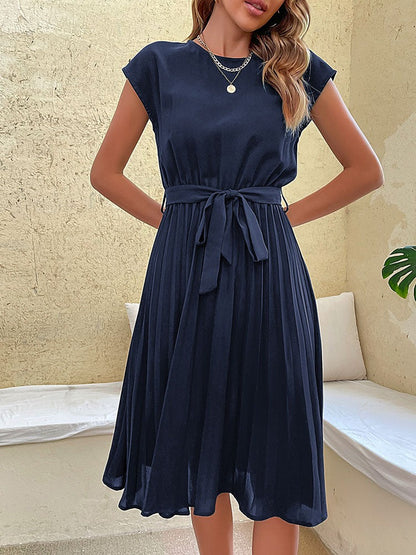 Robe Midi Femme - Coupe Évasée - Manches Courtes - Ceinture Taille - Jupe Plissée