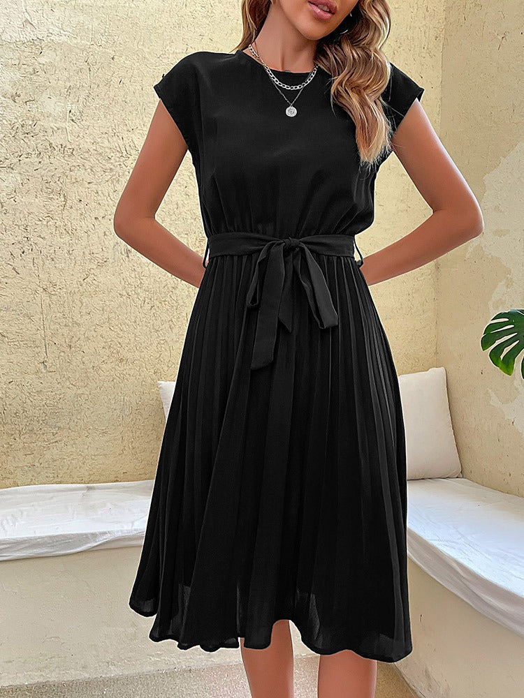Robe Midi Femme - Coupe Évasée - Manches Courtes - Ceinture Taille - Jupe Plissée