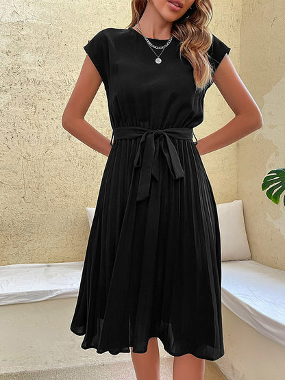 Robe Midi Femme - Coupe Évasée - Manches Courtes - Ceinture Taille - Jupe Plissée
