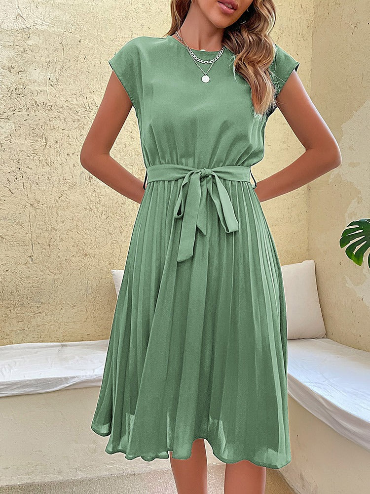 Robe Midi Femme - Coupe Évasée - Manches Courtes - Ceinture Taille - Jupe Plissée