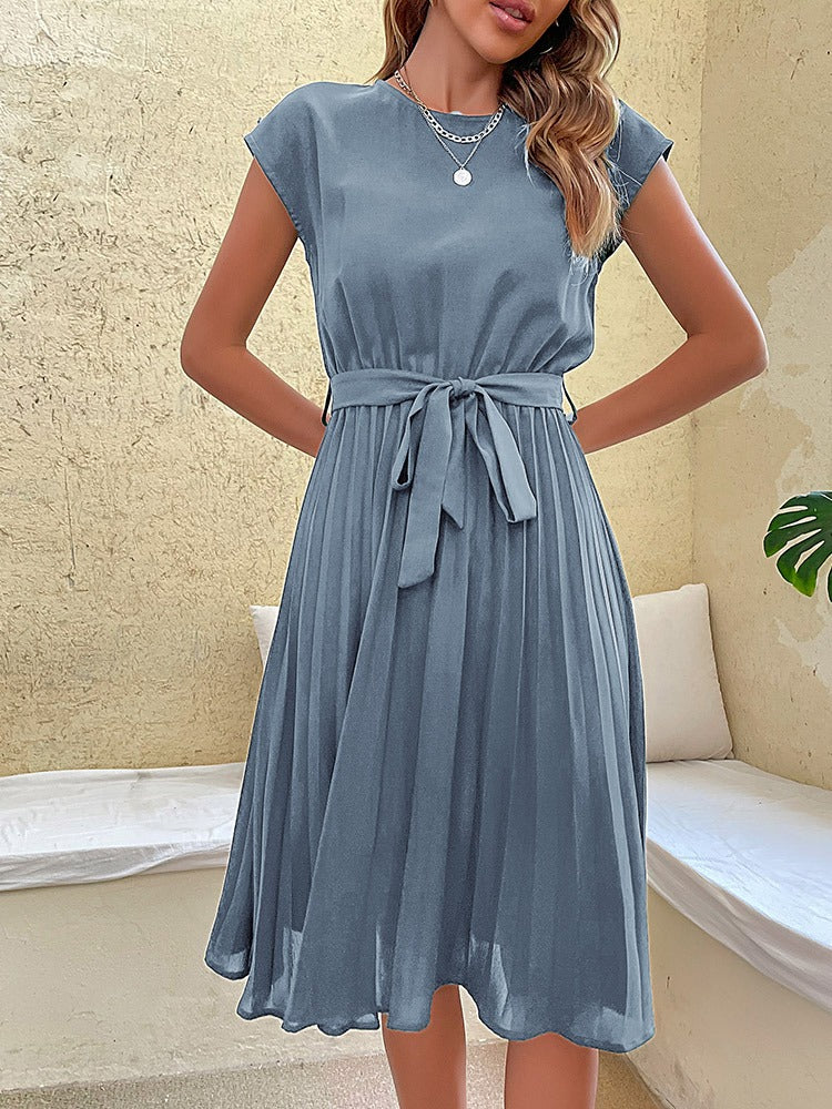 Robe Midi Femme - Coupe Évasée - Manches Courtes - Ceinture Taille - Jupe Plissée