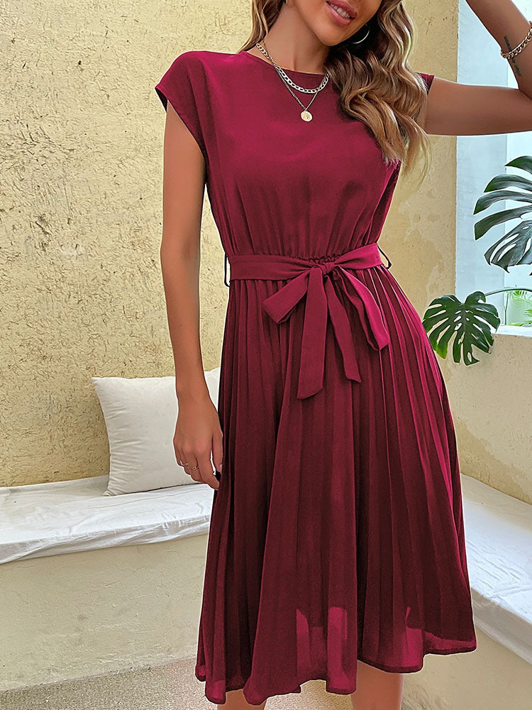 Robe Midi Femme - Coupe Évasée - Manches Courtes - Ceinture Taille - Jupe Plissée