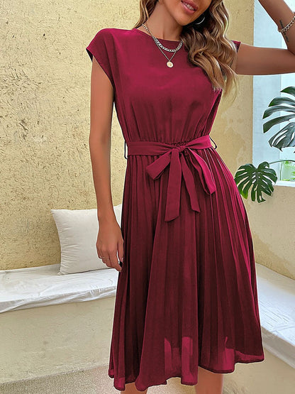 Robe Midi Femme - Coupe Évasée - Manches Courtes - Ceinture Taille - Jupe Plissée