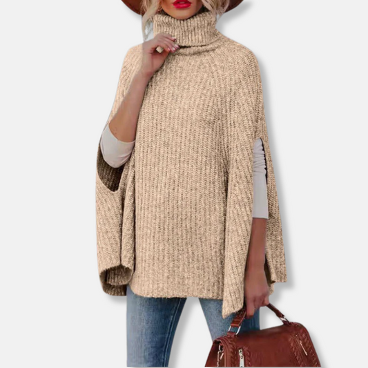 Pull cape femme – Coupe ample – Col montant – Maille côtelée – Mélange laine