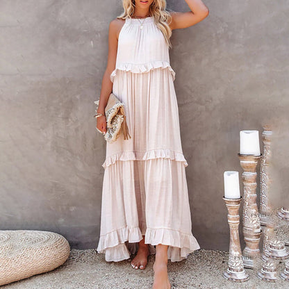 Robe Longue Femme - Dos Nu - Sans Manches - Coupe Fluide - Détails Volants