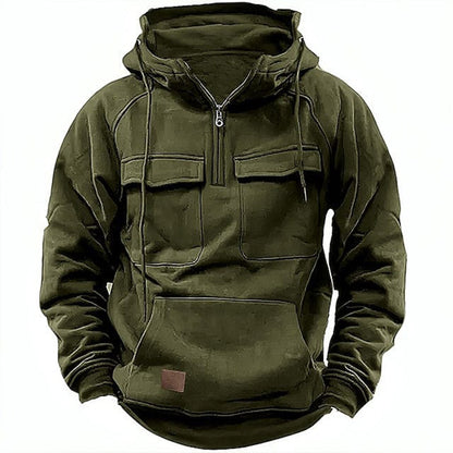 Sweat à capuche homme – Coupe décontractée – Coton – Demi-zip – Poches à rabat