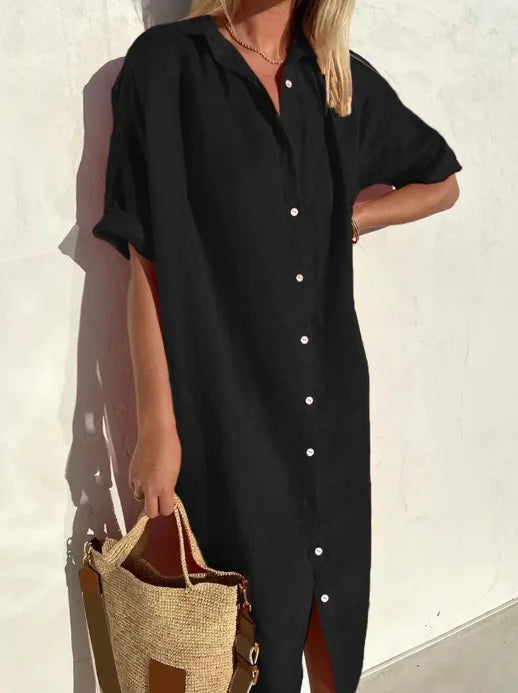 Robe chemise femme – Coupe décontractée – Fibres naturelles – Boutonnée – Longueur midi