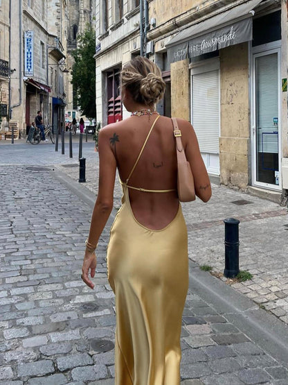 Robe Longue Femme - Satin Élégant - Sans Manches - Fendue - Coupe Ajustée
