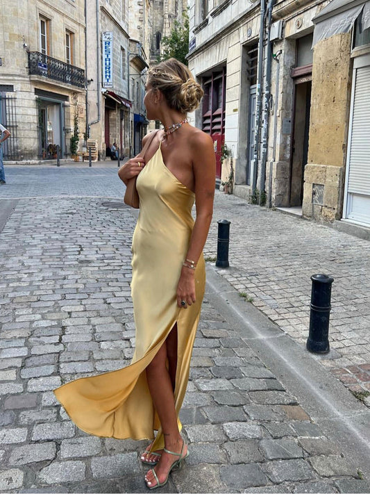 Robe Longue Femme - Satin Élégant - Sans Manches - Fendue - Coupe Ajustée