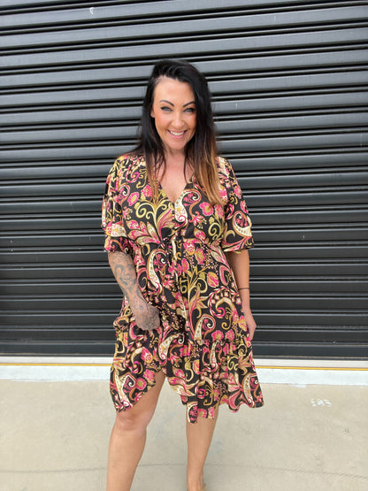 Robe Femme - Imprimé Fleuri - Coupe Évasée - Col V - Manches Courtes Volantes