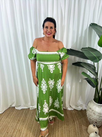 Robe Longue Femme - Épaules Dénudées - Manches Courtes Bouffantes - Fluide et Élégante