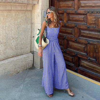 Combinaison Femme - Sans Manches - Bretelles Fines - Tissu à Carreaux - Coupe Ample