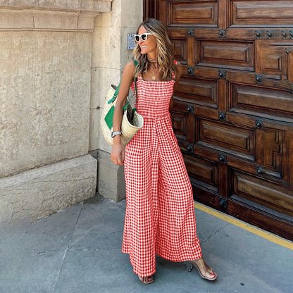 Combinaison Femme - Sans Manches - Bretelles Fines - Tissu à Carreaux - Coupe Ample