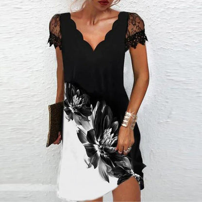 Robe midi femme – Coupe ajustée – Manches en dentelle – Col festonné élégant
