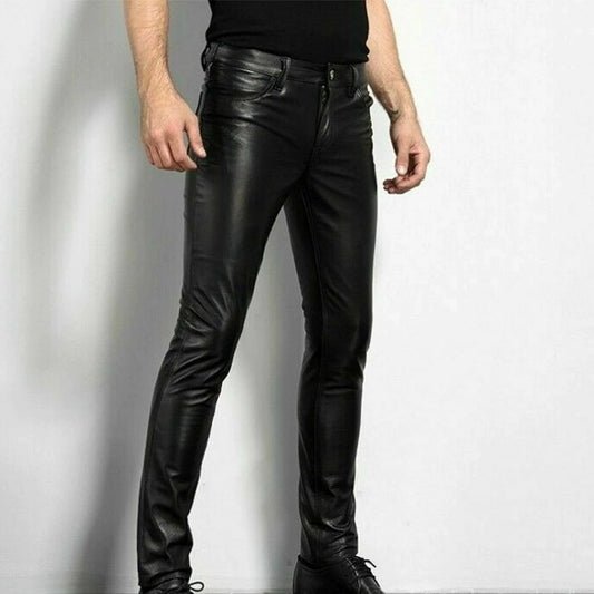 Pantalon homme slim – Similicuir lisse – Cinq poches – Longueur cheville – Passants