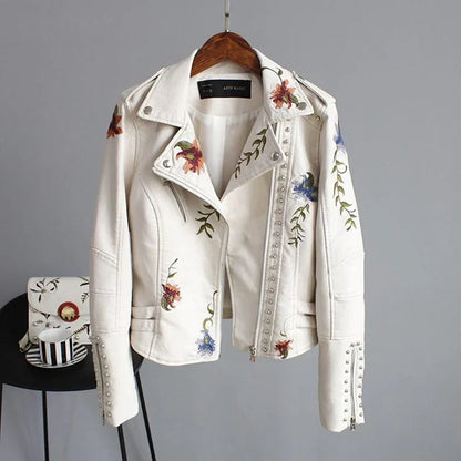 Veste motard femme – Coupe ajustée – Similicuir léger – Broderie florale – Clous