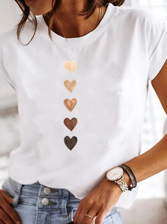 T-shirt femme – Coupe décontractée – Maille douce – Manches courtes – Motifs cœurs