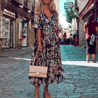 Robe Longue Femme - Imprimé Floral - Col V - Manches Courtes - Coupe Évasée Aérée