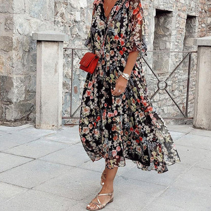 Robe Longue Femme - Imprimé Floral - Col V - Manches Courtes - Coupe Évasée Aérée